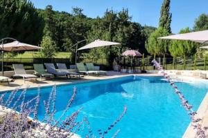 ein Swimmingpool mit Stühlen und Sonnenschirmen in der Unterkunft La Fermette, Le Banquet aux Eyzies in Le Repaire