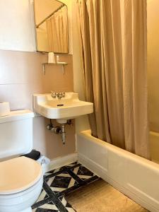 uma casa de banho com um lavatório, um WC e um chuveiro em The Hotel Eastin em Kremmling