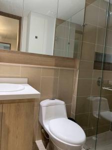 ein Bad mit einem WC, einem Waschbecken und einer Dusche in der Unterkunft Apartamento ejecutivo la Flora in Cali
