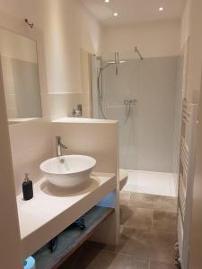 a bathroom with a sink and a shower at DTS Appartements in Putbus