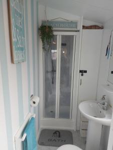 a bathroom with a shower and a toilet and a sink at Jock's Place in Whitley Bay