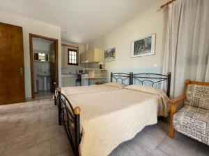 Vasilikos Apartments في Paralia Agias Foteinis: غرفة نوم بسرير كبير وكرسي