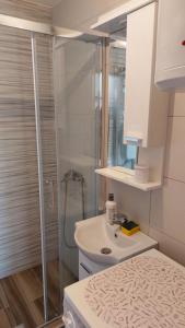a white bathroom with a shower and a sink at Apartman M in Trebinje +13 photos