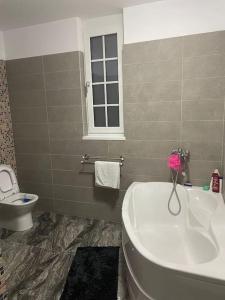 a bathroom with a tub and a toilet and a sink at Lovely 1 bedroom apartment with parking in Iaşi
