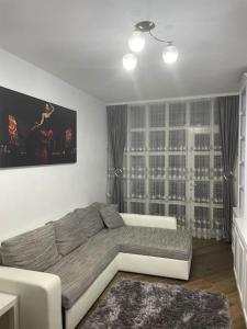 a living room with a couch in front of a window at Lovely 1 bedroom apartment with parking in Iaşi