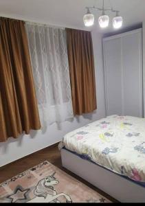 a bedroom with a bed and a window and a rug at Lovely 1 bedroom apartment with parking in Iaşi