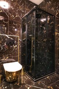 a black bathroom with a toilet and a shower at Jungle Apartments Podwale in Wrocław