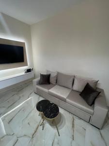 uma sala de estar com um sofá e uma televisão de ecrã plano em Theodore resort em Áyios Yeóryios