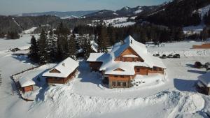 a house covered in snow on top of a mountain at Koliba Holica in Huty