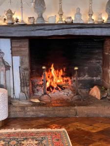 a fireplace with a fire in it in a room at Roberta's Italian Oasi in Trevignano Romano