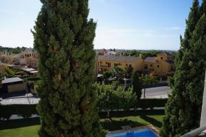 uma vista para um quintal com duas árvores grandes em Piso muy moderno para 4 personas y una cuna a 7 min caminando a la playa, con aire, balcón con vistas y 2 piscinas em El Puerto de Santa María