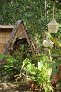 a doghouse in a garden with plants at SHUKRAN Apartelle in Siquijor