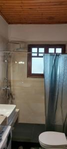 Un baño con inodoro, ventana y ducha. en Elena's Family House, en Artemida 37 fotos más