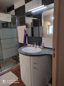 a bathroom with a sink and a mirror at Maison avec deux chambres au calme in Milly-la-Forêt