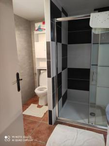 a bathroom with a glass shower with a toilet at Maison avec deux chambres au calme in Milly-la-Forêt