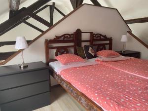 um quarto com uma cama com um edredão vermelho em Castle View Menthon em Menthon-Saint-Bernard