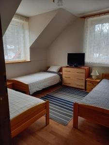 a small bedroom with two beds and a television at Apartamenty AGAT in Pieszyce