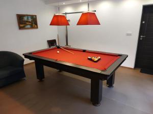 a pool table in a living room with at Apartament Południowy in Debina