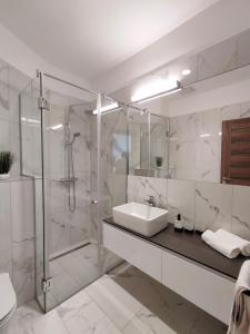 a bathroom with a glass shower and a sink at Spa Residence Carbona Silver Deluxe Apartment in Hévíz