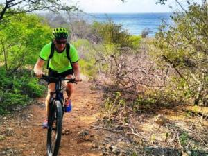 a man riding a bike down a dirt trail near the ocean at Local Willibrord Lodge in Willibrordus