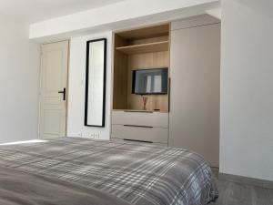 a bedroom with a bed and a tv on a wall at Cocon Pontissalien in Pontarlier