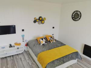 1 dormitorio con 1 cama y reloj en la pared en VITTEL LOC'S - LE 214, classé 3 étoiles OSEZ L'EXPERIENCE, en Vittel