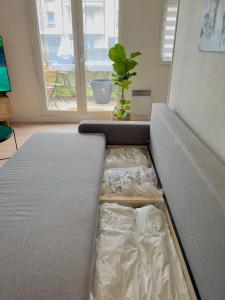 a bed in a room with a couch and a window at La Voulzie Appartement - Proche centre avec parking privé in Provins