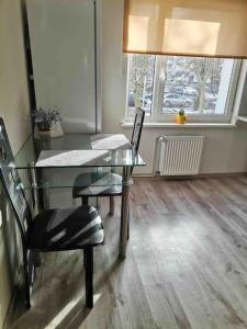 een glazen tafel en stoelen in een kamer met een raam bij Cozy two-room apartment in Liepāja