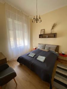 1 dormitorio con 1 cama, 1 silla y 1 lámpara de araña en Ambrózia Apartman, en Eger