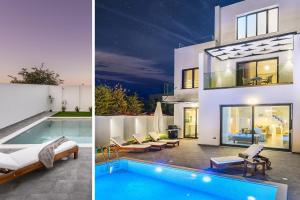 a villa with a swimming pool and a house at 5star Villa Harmony w heated pool, Gym, Spa, Sauna in Skalánion
