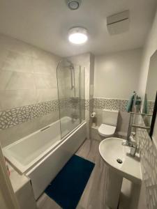 Fabulous 3 Bedroom Flat في إدنبرة: حمام مع حوض ومرحاض ومغسلة