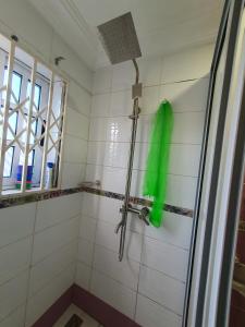 eine Dusche mit grünem Duschkopf im Bad in der Unterkunft Villa Nelomoor in Kwabenyan