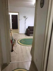 a hallway leading to a living room with a green rug at Apartament confortabil in Piteşti +9 photos
