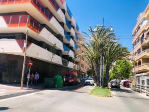 uma rua da cidade com um edifício e uma palmeira em Residencial Alegria 12 em Torrevieja