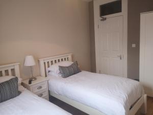 a bedroom with two beds and a lamp and a door at Shaw Suite in Dublin
