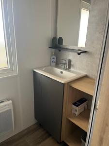 łazienka z umywalką i lustrem w obiekcie MH 3 chambres, camping Les Dunes de Contis, Landes w mieście Saint-Julien-en-Born +9 zdjęć