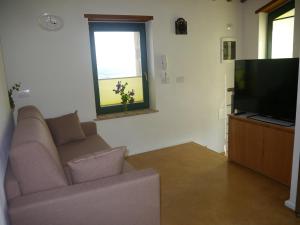 Una sala de estar con un sofá y un televisor de pantalla plana. en Villa Olivastra, en Roccastrada