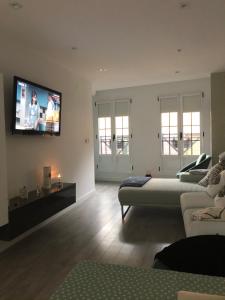 a living room with a couch and a flat screen tv at Piso en el emblemático barrio antiguo de Oviedo in Oviedo