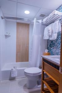a bathroom with a toilet and a tub and a sink at Mahalo Diamond Beach Resort in Wildwood Crest