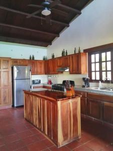 a kitchen with wooden cabinets and a stainless steel refrigerator at CasaBravaVentura Jungle Ecofarm in Santa Catalina
