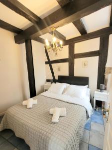 a bedroom with a large white bed with a chandelier at L'ambassadeur - Colmar centre in Colmar
