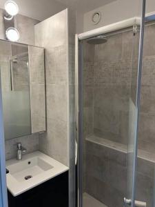 La salle de bains est pourvue d'une douche, d'un lavabo et d'une cabine de douche en verre. dans l'établissement Vue mer exceptionnelle, au Barcarès