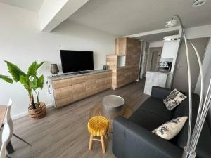 - un salon avec un canapé et une télévision dans l'établissement Vue mer exceptionnelle, au Barcarès