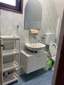 a bathroom with a sink and a toilet and a mirror at Kuća sa pogledom na Tornik in Zlatibor