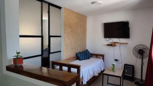 a bedroom with a bed and a tv on a wall at El Cardón in La Rioja