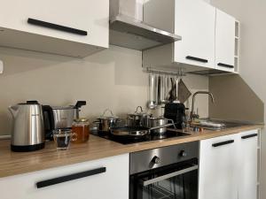 a kitchen counter with pots and pans on it at Alexandra's Superior Apartments in Domaso +17 photos