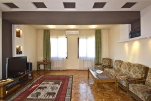 a living room with a couch and a tv at Ararat view 3-bedroom apartment with garden in Yerevan