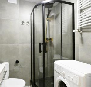 a bathroom with a shower and a washing machine at Hola Apartamenty Legionow in Łódź