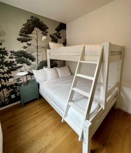 Centre ville Haguenau - 5pers في آغينو: سرير بطابقين أبيض مع سلم في الغرفة