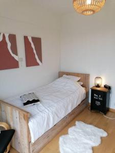 1 dormitorio con 1 cama y 1 mesa con lámpara en CoZB, en Brujas